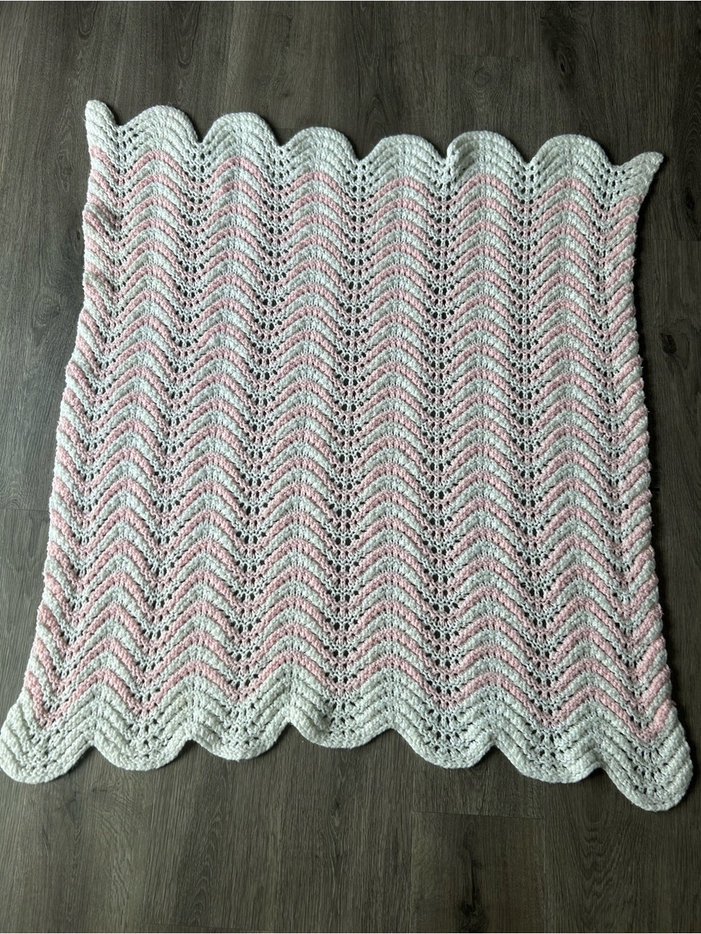 Handmade Knit Baby Blanket Pink White Crochet Cotton Afghan 38x40 Nursery Decor